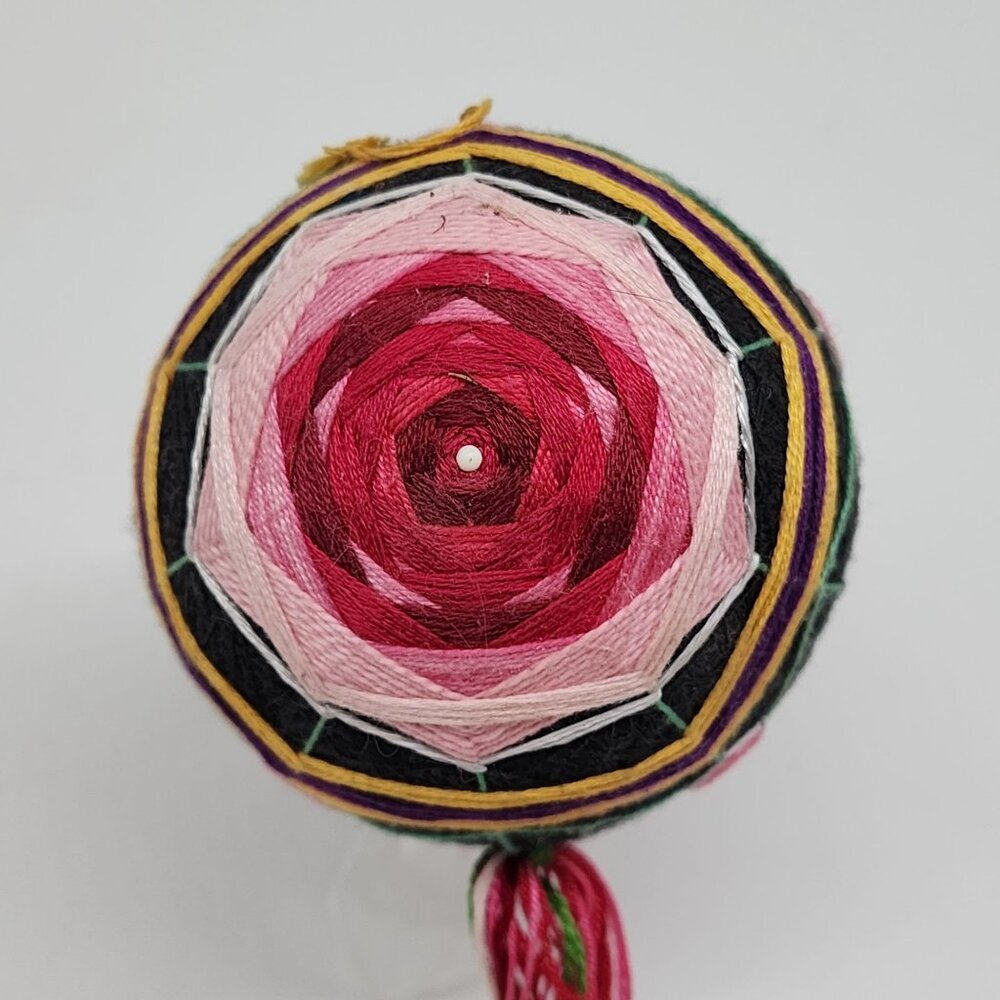 Handmade Japanese Temari Embroidered Ball Ornament Geometric Pattern Black Pink
